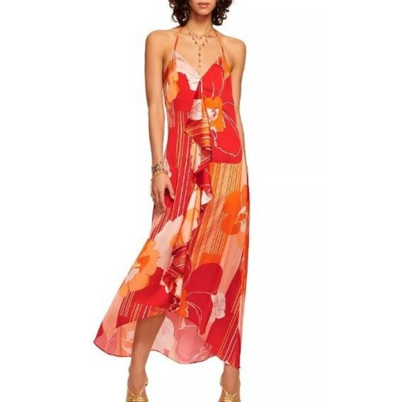 Ramy Brook Jeanette Women's Dress Halter V-Neck Cascading High Low Midi Size 4 - Picture 1 of 14